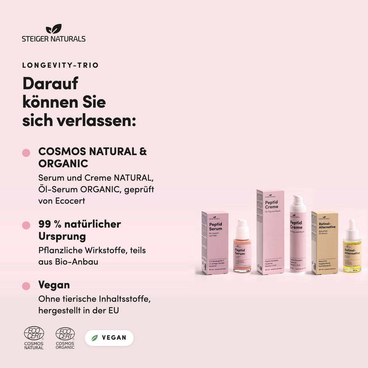 Longevity-Trio: zertifizierte Naturkosmetik nach COSMOS NATURAL und ORGANIC, vegan