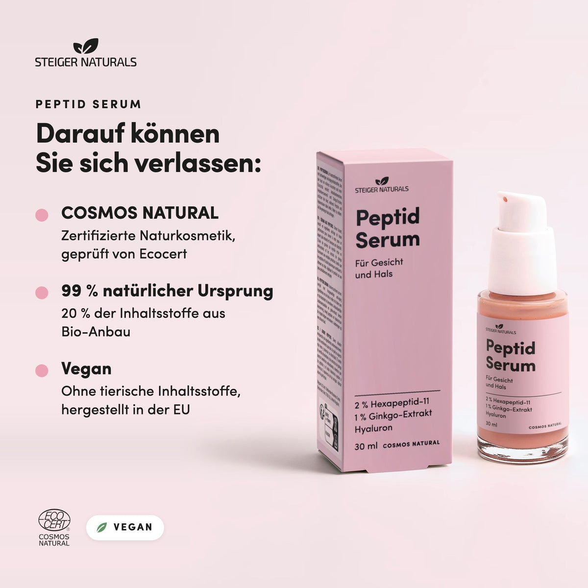 Peptid Serum: zertifizierte Naturkosmetik, 99 % natürlicher Ursprung, vegan