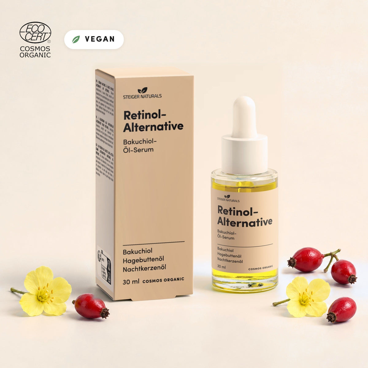 Retinol-Alternative Öl-Serum von Steiger Naturals, 30 ml, Ecocert COSMOS ORGANIC, vegan